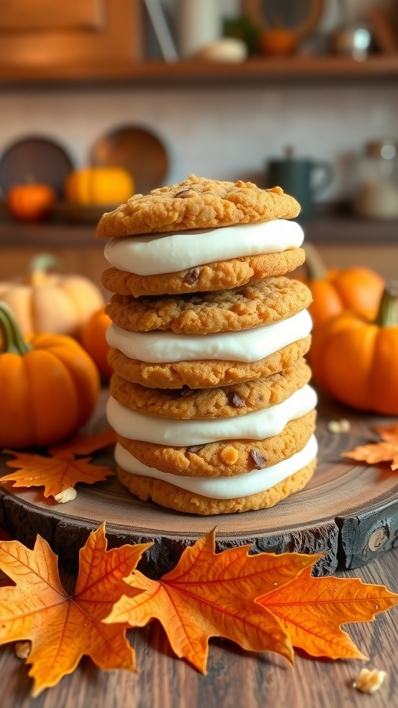 Pumpkin Oatmeal Cream Pies Recipe Pumpkin oatmeal cream pies with creamy filling on a rustic plate, surrounded by autumn leaves and pumpkins.